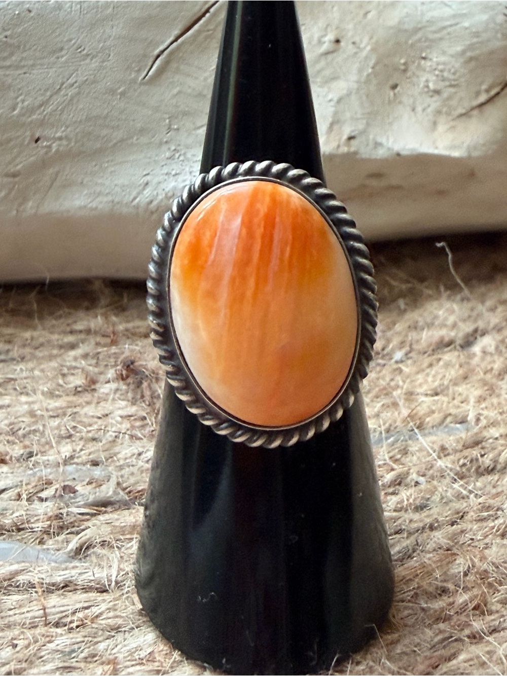 Handcrafted Native American Orange Spiny Stone Sterling Silver-Statement Ring